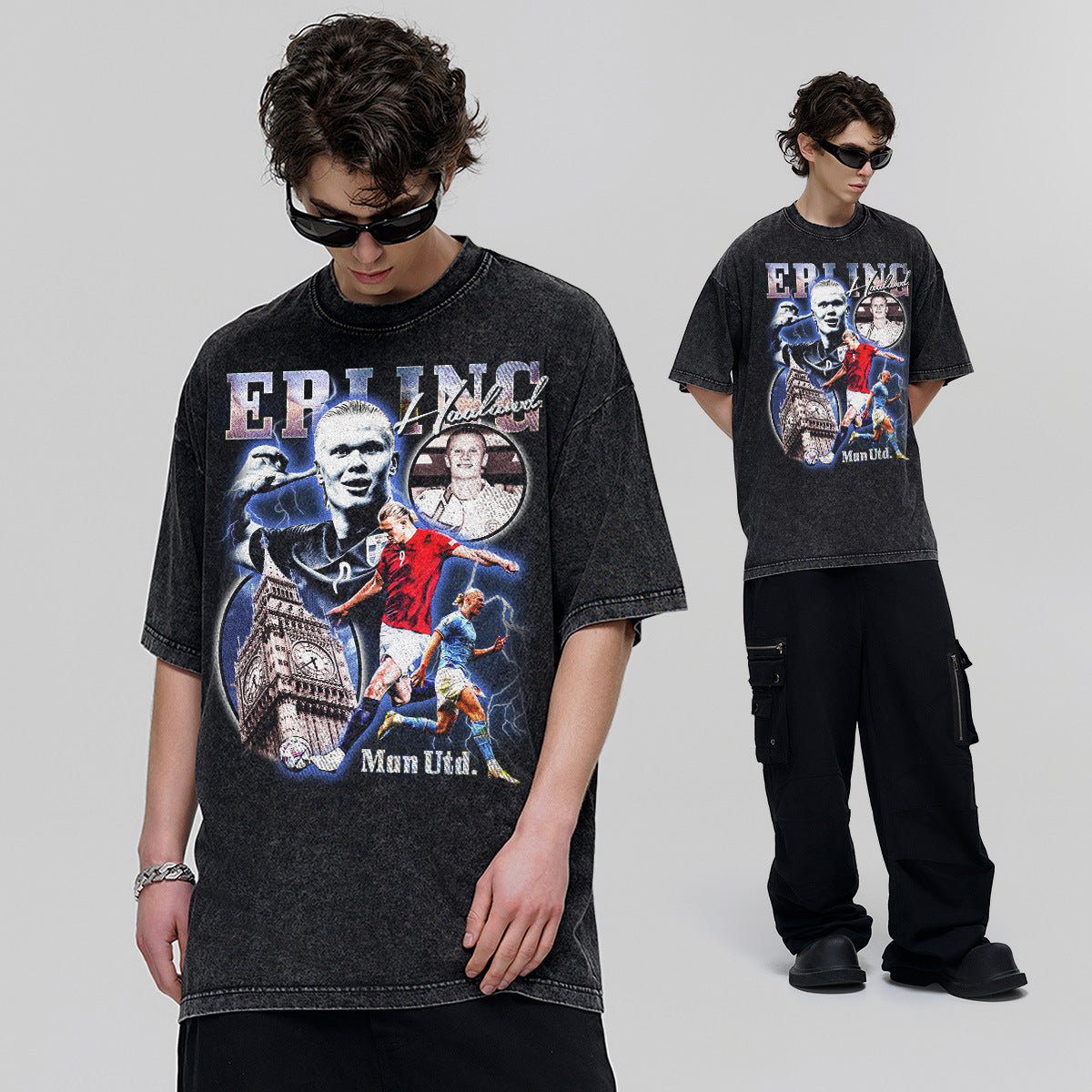 Retro Football Icon Graphic Tee – Washed Oversized Street Style T-Shirt for Men