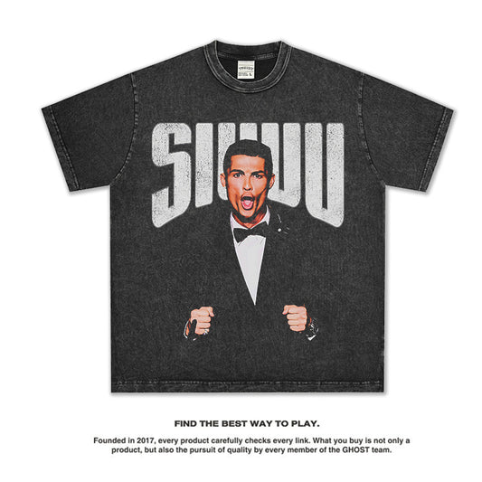 Victory Celebration Portrait T-Shirt – 96% Cotton Vintage Washed Oversized Streetwear